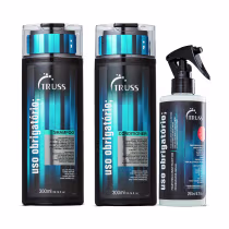 A imagem mostra três produtos da linha Uso Obrigatório da marca TRUSS. Shampoo e condicionador de 300ml e tratamento reconstrutor de 260ml. As cores predominantes são preto e azul.