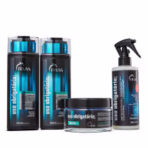 A imagem mostra linha de produtos Uso Obrigatório da marca TRUSS. Há dois frascos grandes de shampoo e condicionador, ambos com 300ml. Ao lado, há um pote de máscara capilar 180g e um tratamento reconstrutor de 260ml. As cores predominantes: preto e azul.