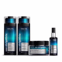 A imagem mostra shampoo e condicionador TRUSS Uso Obrigatório de 300ml cada. Também há um pote de máscara capilar e óleo reconstrutor. Embalagens em tons de azul, preto e prata.