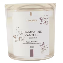 Vela de cera vegetal LIBOUGIES, com o aroma de "Champagne Vanille". A embalagem é um recipiente de vidro transparente com rótulo branco e detalhes em marrom. O rótulo contém informações incluindo o nome, a composição 100% natural e o peso de 200g.