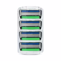 A imagem mostra uma embalagem plástica transparente contendo múltiplos cartuchos para aparelhos de barbear da marca Dr. Jones. Há quatro cartuchos, cada um com seis lâminas, entre faixas azuis e verdes.