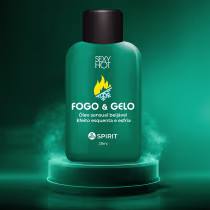 Óleo sensual da marca Sexy Hot, chamado "Fogo & Gelo". O frasco possui um design simples e elegante, com uma tampa preta na parte superior.