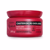 Máscara pré e pós alisamento da linha Siàge, em embalagem vermelha com rótulo preto destacando "Cauterização dos Lisos". Produto de 250g com proteína hidrolisada e Amino10-EFFEX, para tratamento de danos após alisamento químico ou fontes de calor.