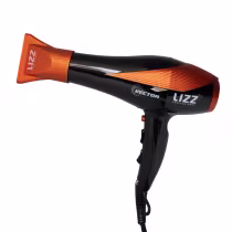 Secador de cabelos da marca Lizz Professional, modelo Vector. Ele possui um design moderno e arrojado, com uma coloração predominantemente preta e laranja. Apresenta uma estrutura compacta e ergonômica, com um bocal de saída de ar destacado em laranja.