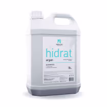 Shampoo hidratante concentrado com argan da linha TreeLiss Profissional. Embalagem de 5 litros com alça integrada. Rótulo frontal com o nome do produto "hidrat argan" em letras azuis, além do logotipo da marca TreeLiss.
