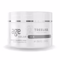 Produto de coloração capilar da linha TreeLiss Profissional. Embalagem plástica branca opaca com detalhes em cinza. Rótulo indicando "Age Color" e informações como "Ativador tons efeito cinza, Coconut Oil & Argan Oil".