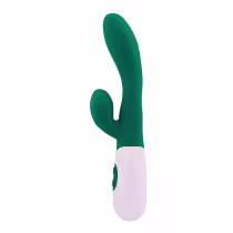 Vibrador de silicone verde com design ergonômico e botão de controle. Produto da marca Sexy Import, com acabamento liso e suave.