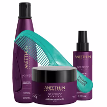 Imagem do produto Kit Shampoo Máscara e Leave-in Aneethun No Frizz System e pente Beauty