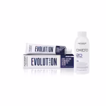 Embalagem de tinta de cabelo Alfaparf Milano Evolution, com tubo de creme colorante e frasco de oxidante, em cores predominantes branco e azul escuro. Rótulos indicam tratar-se de uma coloração permanente de longa duração.