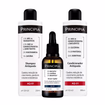 Kit Principia Antiqueda Trio com shampoo, condicionador e sérum capilar.