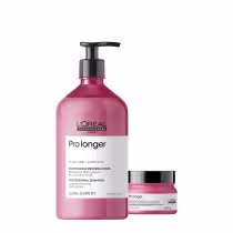 Shampoo e tratamento da linha Pro longer da L'Oréal Professionnel. O shampoo vem em um frasco rosa com bomba preta, enquanto o tratamento está em um pote rosa com tampa preta.