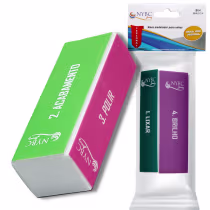 Bloco modelador para unhas da marca NYBC Beauty. O bloco é composto por duas partes, uma verde e outra rosa, com a marca NYBC impressa em branco.