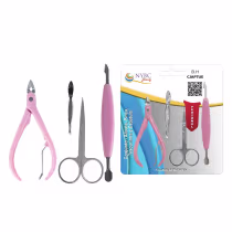 Alicate para unhas, pinça, tesourinha e espátula para cutículas.