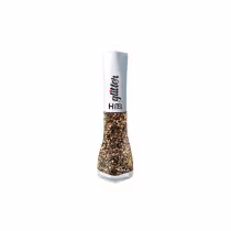 Frasco de esmalte de unhas com glitter dourado e preto. Embalagem cilíndrica transparente com tampa branca. Rótulo preto e rosa com o texto "Hits" visível. O esmalte dentro do frasco apresenta uma mistura brilhante de partículas douradas e pretas.