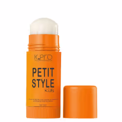 Produto de beleza em formato de bastão laranja com rótulo "Petit Style Kids" da marca K.pro, destinado a modelar os cabelos das crianças, aprovado por pediatria.
