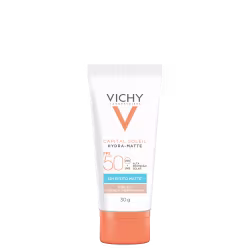 Tubo de protetor solar facial Vichy Capital Soleil Hydra-Matte, com FPS 50 e acabamento matte, na cor 2.0, em embalagem branca e laranja com logotipo da marca.