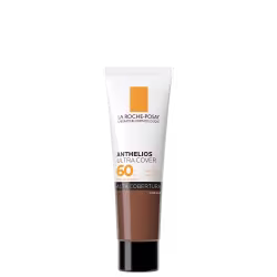Tubo branco de protetor solar da marca La Roche-Posay, com rótulo laranja e preto, e texto "Anthelios Ultra Cover 60" indicando o fator de proteção solar. 