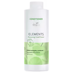 Condicionador  Elements da Wella. Embalagem branca com detalhes em verde. Rótulo indicando que é um condicionador formulado sem silicones, com 95% de ingredientes naturais e aloe vera. Cores predominantes são branco e verde claro