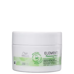 É um pote branco para uma máscara capilar da linha Elements da Wella Professionals, com 150ml. O produto é formulado com 94% de ingredientes naturais, incluindo aloe vera, e não contém silicones. As cores predominantes são branco e verde claro