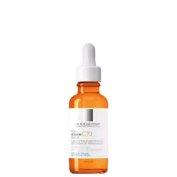 A imagem mostra o Pure Vitamin C10, um frasco de vidro cor laranja com conta-gotas branco. Embalagem retangular com rótulo branco e texto com apresentação minimalista e com foco no nome do produto e marca.