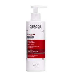 Frasco branco com bomba pump da linha Dercos da Vichy, contendo shampoo estimulante Energy+ com Aminexil e Niacinamida, para cabelos mais resistentes e volumosos.