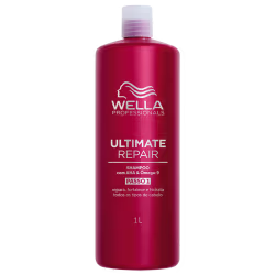 Shampoo Ultimate Repair da linha Wella Professionals. Embalagem vermelha com capacidade de 1 litro. Texto Ultimate Repair, informações sobre o produto e logotipo da marca Wella em branco.