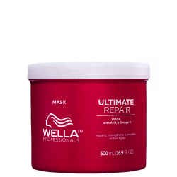 É um produto de tratamento capilar da linha Wella Professionals Ultimate Repair. A embalagem é um pote vermelho com tampa branca. Na frente, há o logotipo da Wella e o texto "MASK with AHA & Omega-9" .  O tamanho é de 500 ml.