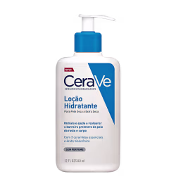 Frasco branco com bomba doseadora azul da linha CeraVe, contendo loção hidratante para pele seca a extra seca, com 3 ceramidas essenciais e ácido hialurônico, sem perfume, com 340 ml.