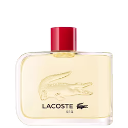 A imagem mostra um frasco de perfume retangular e transparente, com líquido incolor, da marca Lacoste. Na frente do frasco, está impresso o logotipo da Lacoste, um crocodilo, e o nome do perfume, Red, abaixo da marca. Com tampa vermelha.