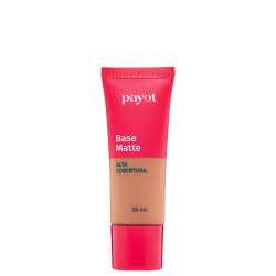 A imagem mostra um um tubo plástico de base da marca Payot. Na metade do tubo ele é transparente para apresentar a cor do produto e o outro restante é vermelho, assim como a tampa. Na embalagem consta marca, acabamento, cobertura e volumetria.