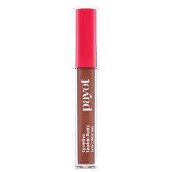 A imagem mostra um corretivo líquido da marca Payot em uma embalagem cilíndrica e transparente, permitindo ver a cor do produto. Apresenta tampa vermelha e na parte superior e está rotulado com a marca e mais abaixo o tipo de produto e cobertura.