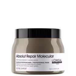 A imagem mostra a máscara capilar da marca L'Oréal Professionnel da linha Absolut Repair Molecular", indicada para reparar a estrutura molecular dos cabelos. O frasco é marrom com uma tampa preta e rótulo branco.