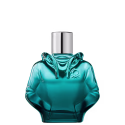 Perfume em frasco de vidro verde translúcido com formato de moletom. A tampa é prateada com o logotipo "United Colors of Benetton" gravado.