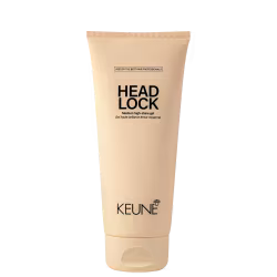 A imagem mostra o Gel Fixador Head Lock da marca Keune, com embalagem de cor bege. Traz o nome "Head Lock" em letras pretas, descrito como "Medium high-shine gel" (Gel de brilho médio). O logotipo da Keune aparece na parte inferior.