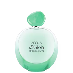 O produto apresentado é um frasco de perfume da linha Acqua di Gioia da Giorgio Armani. O frasco possui um formato arredondado com uma tampa em formato de pedra verde translúcida.
