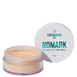 O produto é um pó para área dos olhos da marca Catharine Hill, chamado Nomark, em embalagem circular branca com logotipo e informações do produto em azul turquesa, com 10g