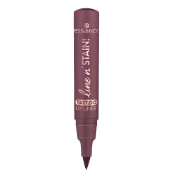 Essence Tattoo Lip Liner em embalagem cilíndrica de cor rosa escura, com texto em branco indicando o nome do produto e sua função.