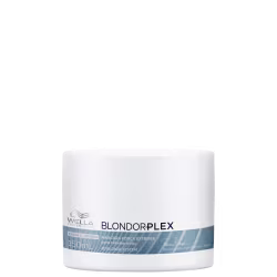 Embalagem branca cilíndrica de 150 ml da máscara Blondorplex da linha Wella Professionals, com rótulo azul indicando ser um produto para sistema de cabelos loiros.