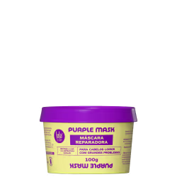 Pote de máscara capilar roxa da marca Lola From Rio, com rótulo amarelo e roxo indicando "Purple Mask" e "Mascara Reparadora" para cabelos louros com grandes problemas.
