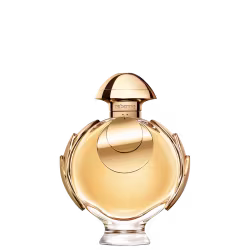 Perfume Olympéa Elixir Rabanne Eau de Parfum Intense, recipiente dourado em forma de cúpula com detalhes em relevo. Possui tampa arredondada e corpo esculpido com linhas curvas. Rótulo com nome da marca "Rabanne" em destaque. 