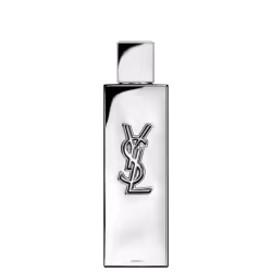 Frasco de perfume de design minimalista prateado, com o logotipo da marca Yves Saint Laurent em destaque. A embalagem possui uma forma geométrica simples e elegante, com uma tampa destacada no topo.