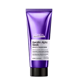 Tubo de tratamento alisador de cabelos da L'Oréal Professionnel, da linha Keratin Alpha Sleek, com embalagem roxa e branca, apresentando informações sobre o produto.
