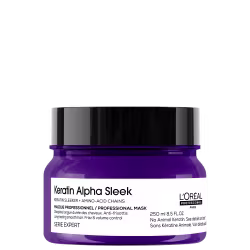 Frasco de máscara capilar profissional Keratin Alpha Sleek da L'Oréal Paris, com 250 ml de volume, em embalagem de vidro de cor roxa brilhante e tampa preta.