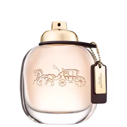 Frasco de perfume Coach em formato quadrado com detalhes dourados. A embalagem é de vidro transparente com um acabamento perolado rosado. Na parte frontal, há uma gravura de uma carruagem puxada por cavalos.
