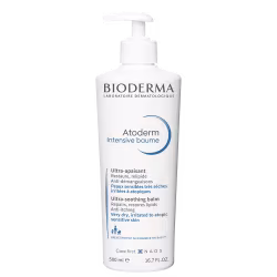 Frasco branco de 500 ml da linha Atoderm Intensive Baume da Bioderma, um bálsamo ultra-suavizante para peles muito secas e irritadas a atópicas.