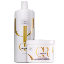 Dois produtos da linha Oil Reflections da Wella Professionals: um frasco branco de 1 litro de shampoo e um pote branco de máscara potencializadora de luminosidade. Ambos apresentam detalhes em dourado no rótulo.