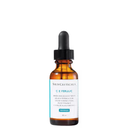 Frasco de vidro âmbar com conta-gotas preto contendo sérum antioxidante da SkinCeuticals, com 15% de vitamina C pura, 1% de vitamina E e 0,5% de ácido ferúlico, para prevenção de sinais de envelhecimento.