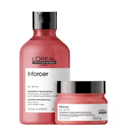 Dois produtos da linha Inforcer da L'Oréal Professionnel: um frasco de shampoo e um pote de tratamento condicionante, ambos em embalagens de plástico com predominância da cor coral.