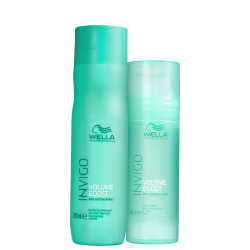 São dois produtos de cabelo da linha Wella Professionals Invigo Volume Boost. Um é um shampoo volumizador em uma embalagem cilíndrica verde de 250ml. O outro é uma máscara cristal volumizadora com extrato de algodão, em uma embalagem cilíndrica de 145ml.