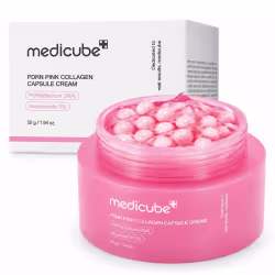 Medicube PDRN Pink Collagen Capsule Cream em embalagem rosa com cápsulas rosas em seu interior. Contém PDRN (Sodium DNA) e Niacinamida 5% como ingredientes, com peso líquido de 55g/1.94 oz.